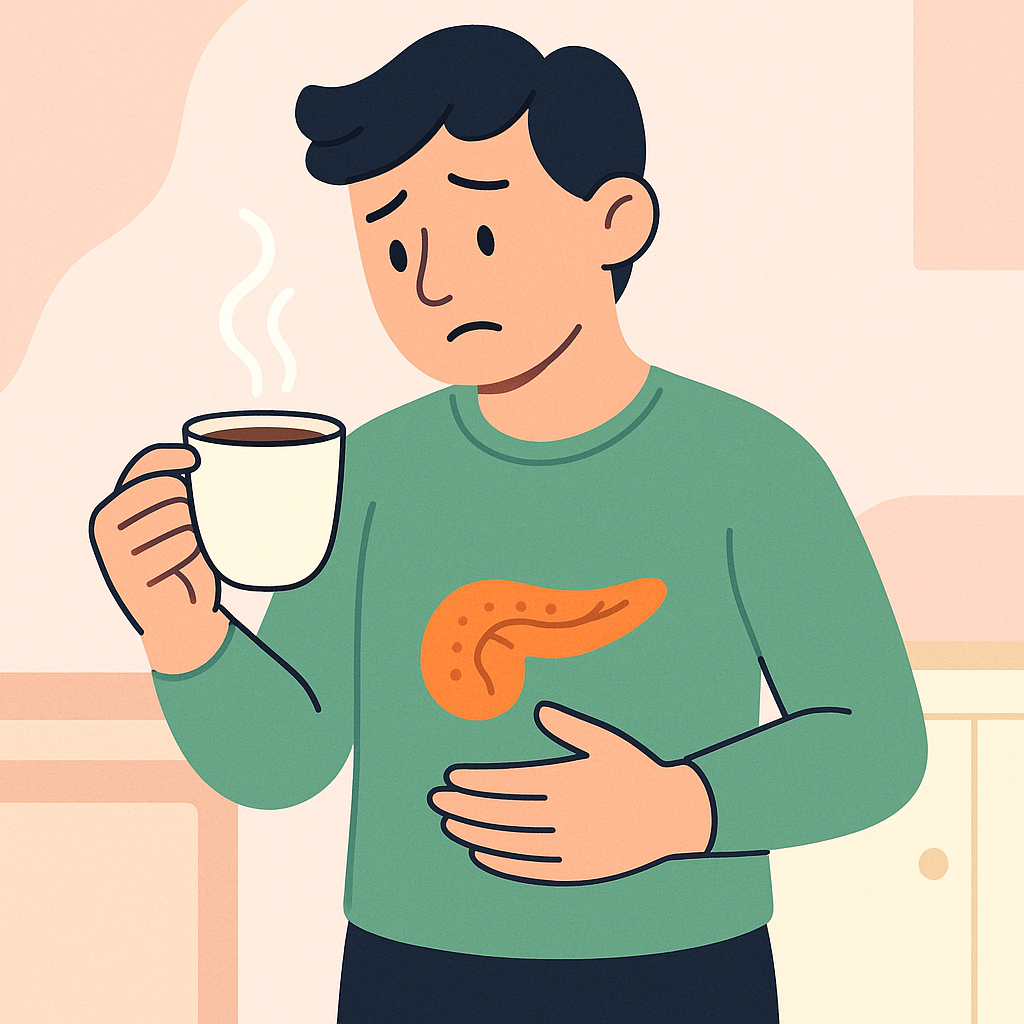 Barbat-tine-cana-de-cafea-si-simte-disconfort-in-zona-pancreasului