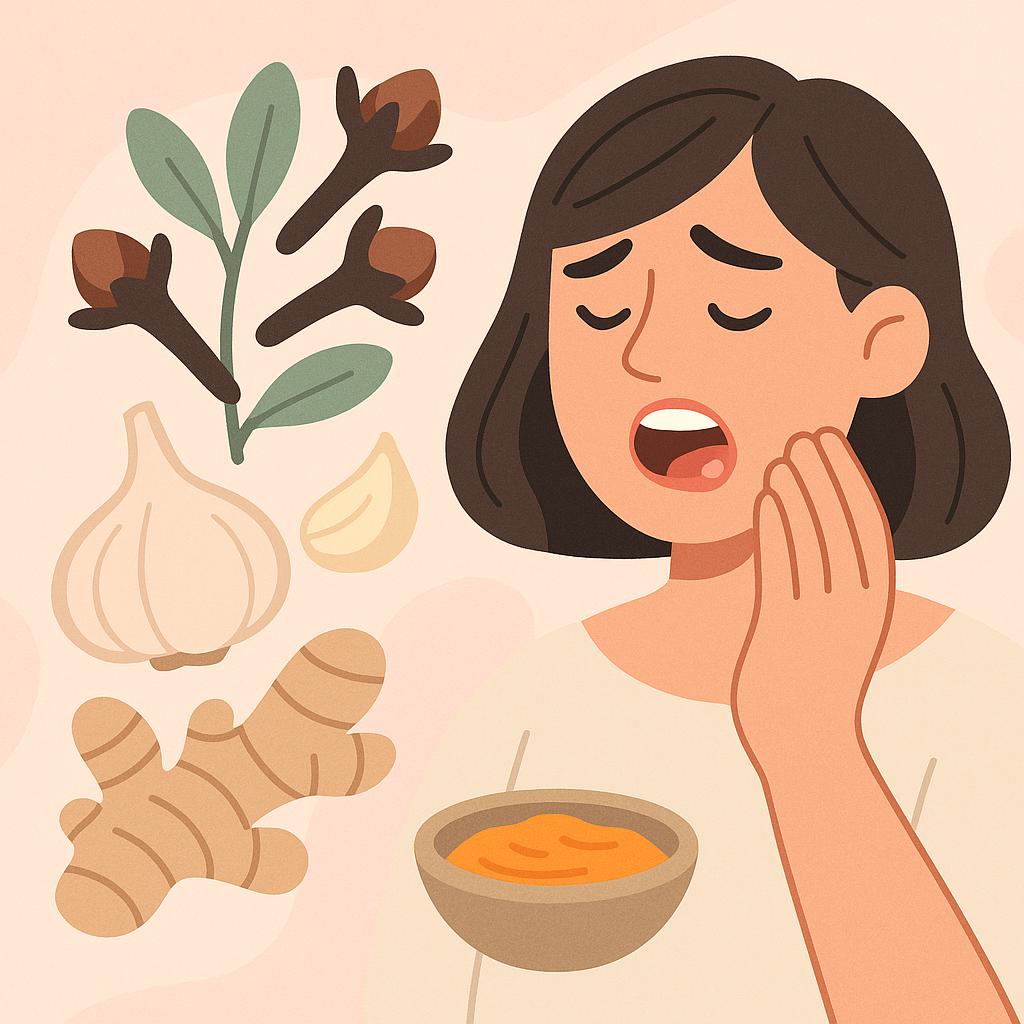 Femeie-cu-durere-dentara-si-remedii-naturale-usturoi-cuisoare-ghimbir-turmeric