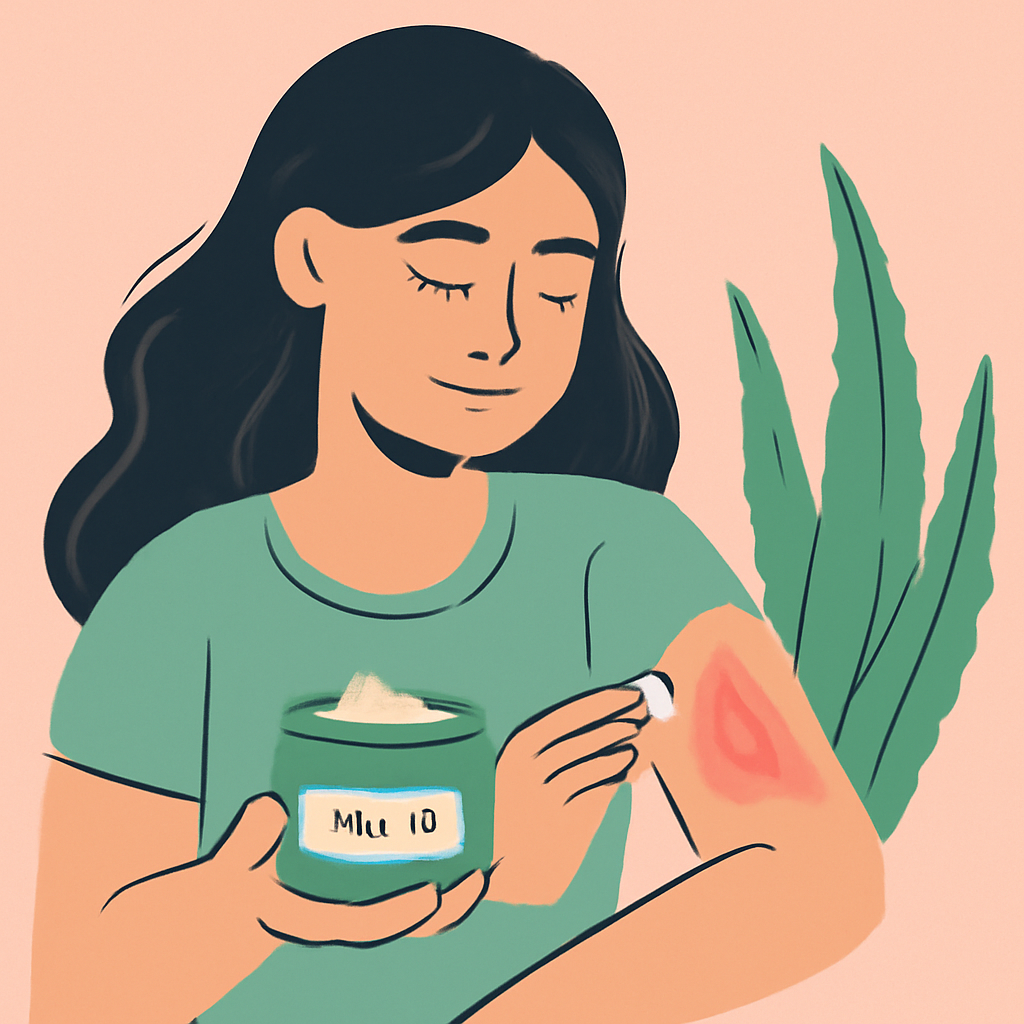 fata-se-unge-cu-unguent-pe-arsura-de-pe-mana-aloe-vera-in-fundal