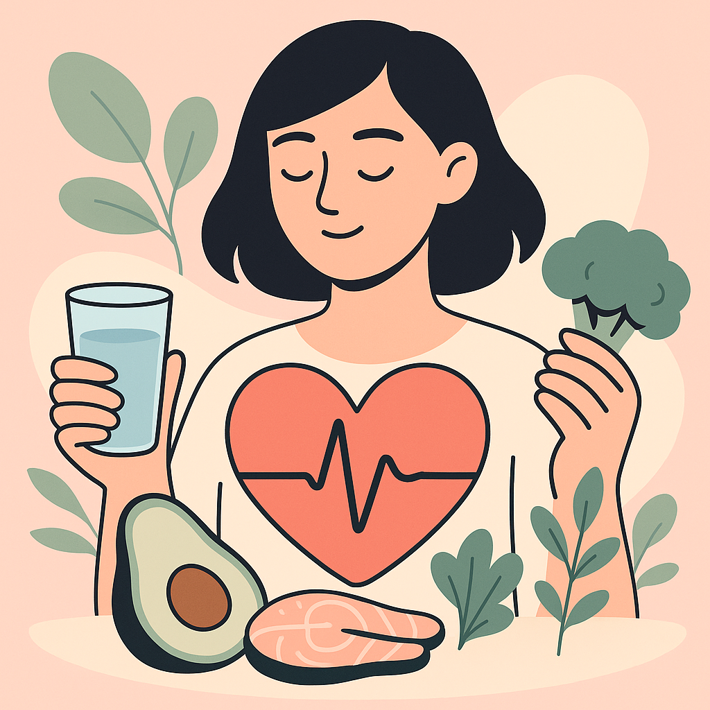 femeia-pare-calma-si-tine-in-mina-un-brocoli-si-pe-fundal-e-o-jumatate-de-avocado-si-de-somon-si-o-inima-ce-a-pare-sa-lucreze