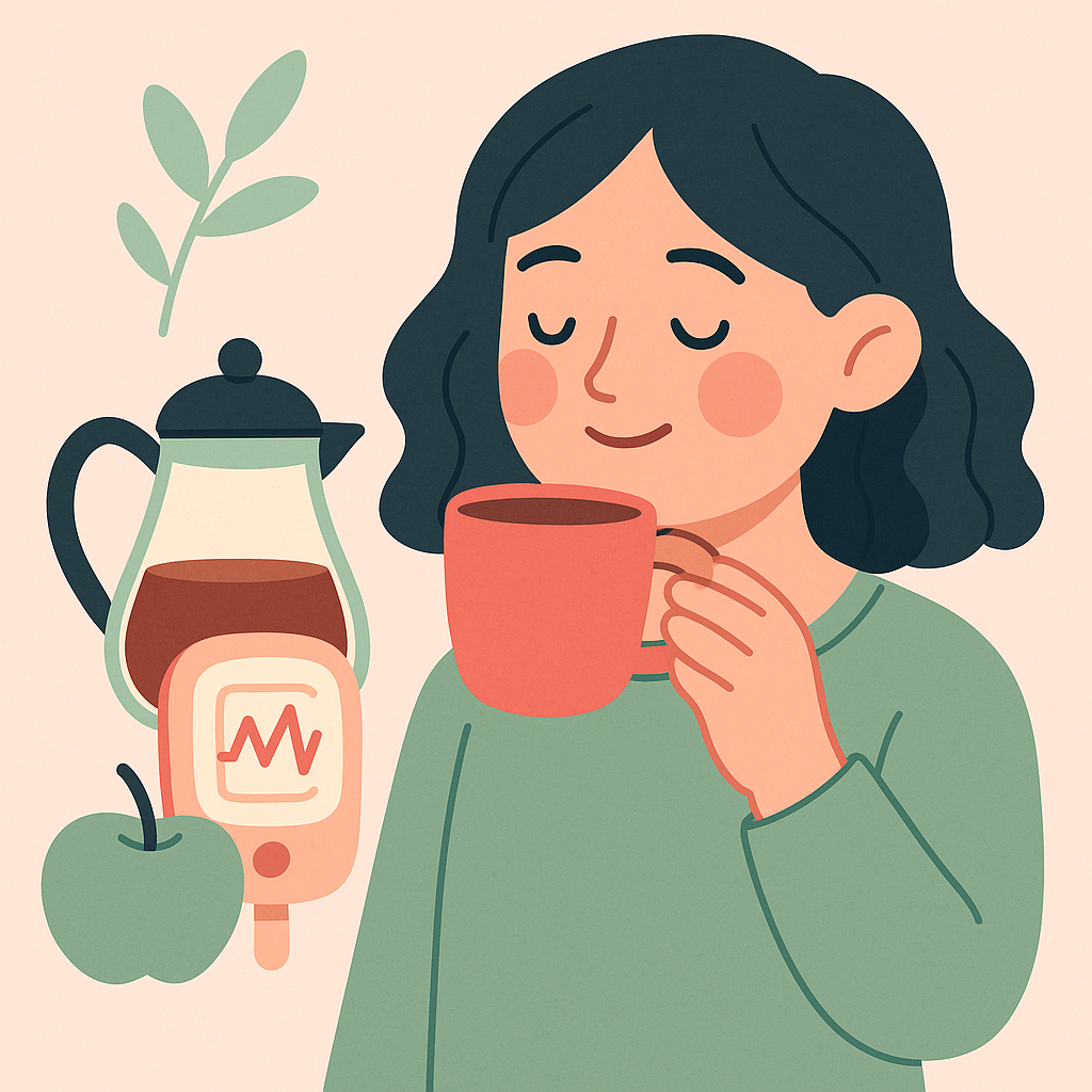 femeie-bea-cafea-apar-de-masurat-glicemia-background
