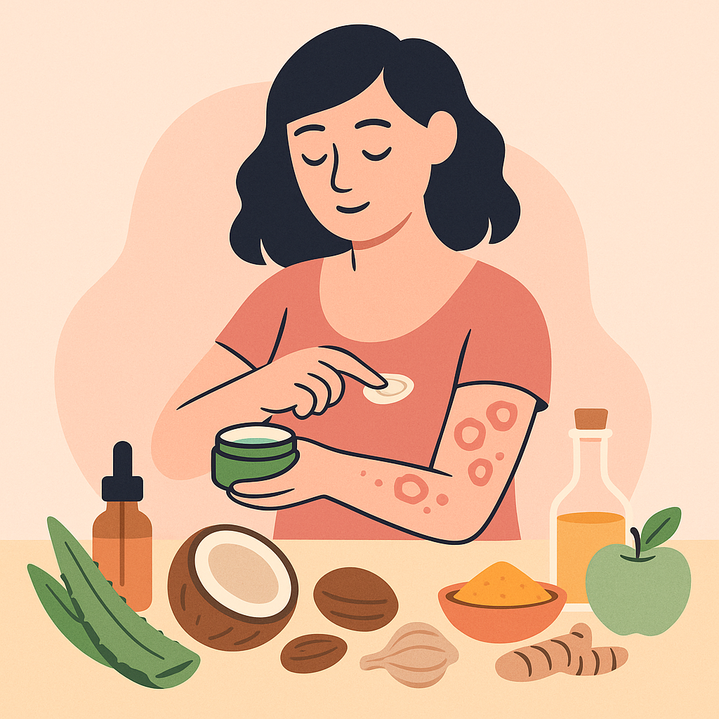femeie-cu-pecingine-se-da-cu-crema-remedii-naturale-pe-masa