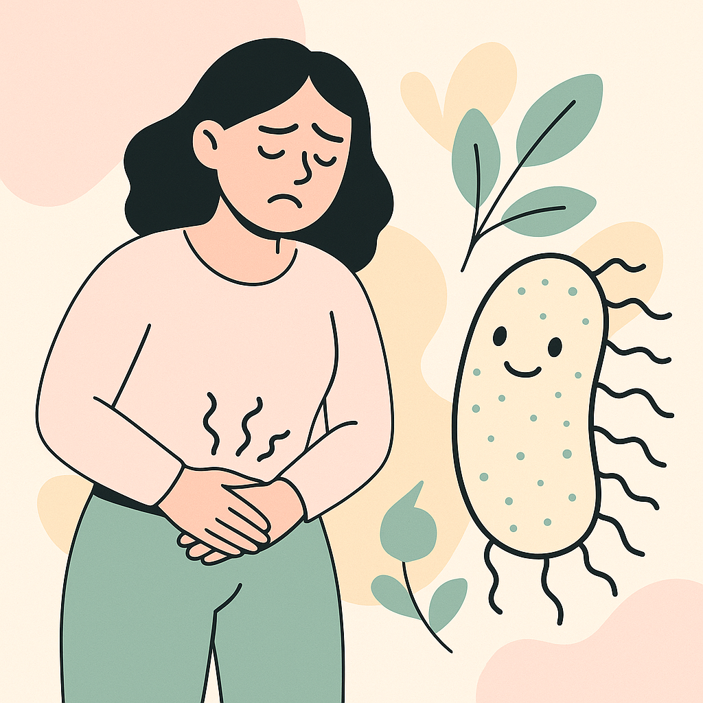 femeie-se-tine-de-burta-bacterie-in-fundal