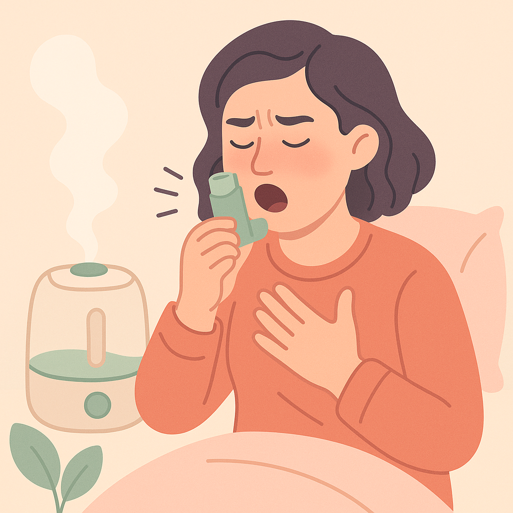 femeie-tine-in-mana-inhalator-umidificator-in-fundal