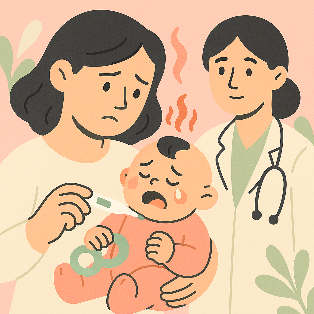 mama-cu-copil-in-brate-termometru-in-mana-medic-in-fundal