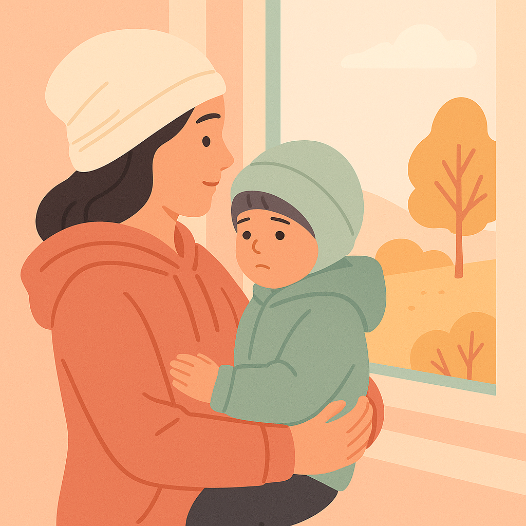 mama-cu-copilul-in-brate-privind-afara-in-timpul-racelii-cu-febra