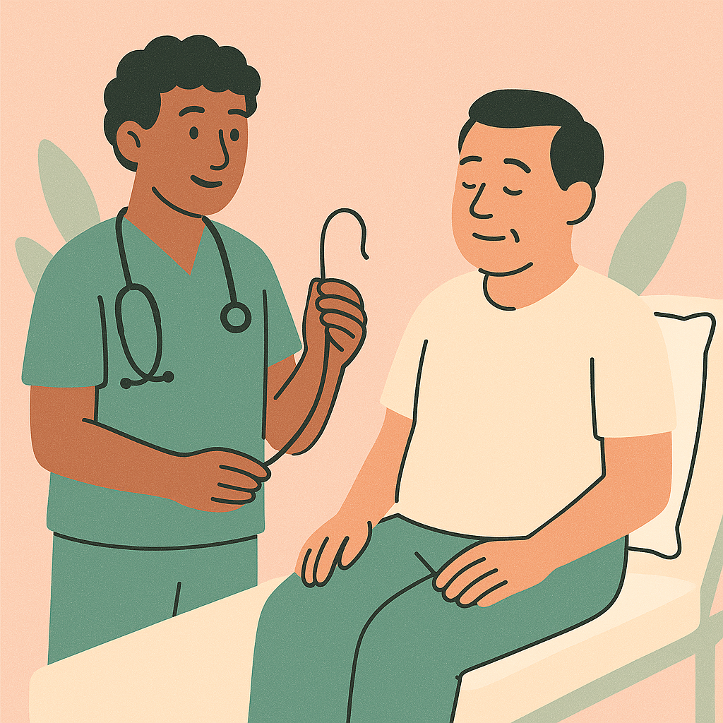 medic-cu-sonda-urinara-in-mana-pacient-asezat-asteapta-montarea