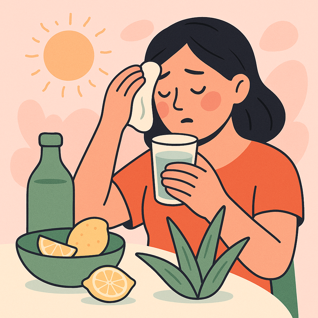 persoana-care-sufera-de-la-caldura-bea-apa-cu-lamaie-pe-masa-soare-fundal